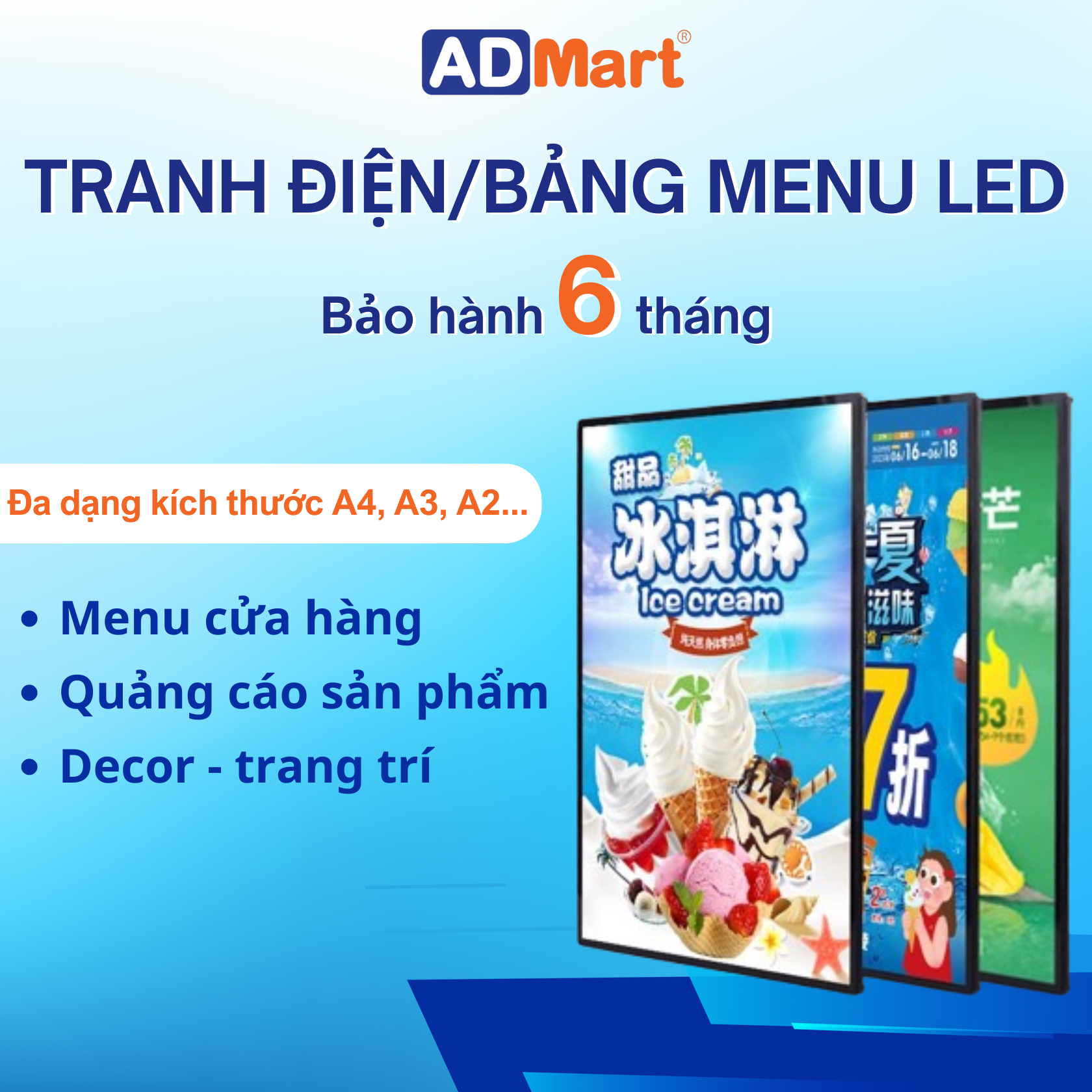 Tranh điện menu đèn led, tranh điện rút cạnh, bảng led quảng cáo ad-mart size a2, a3, a4, 50x70cm, 60 x 90 cm