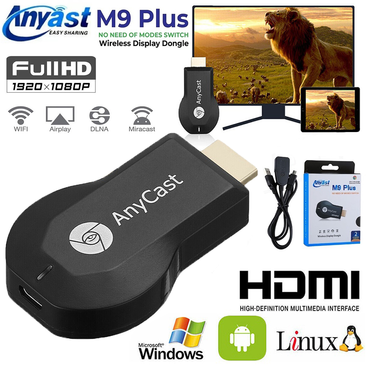 Đầu thu không dây tốc độ kết nối siêu nhanh cao cấp Dongle AnyCast M9 Plus  M2 Plus HDMI 2021