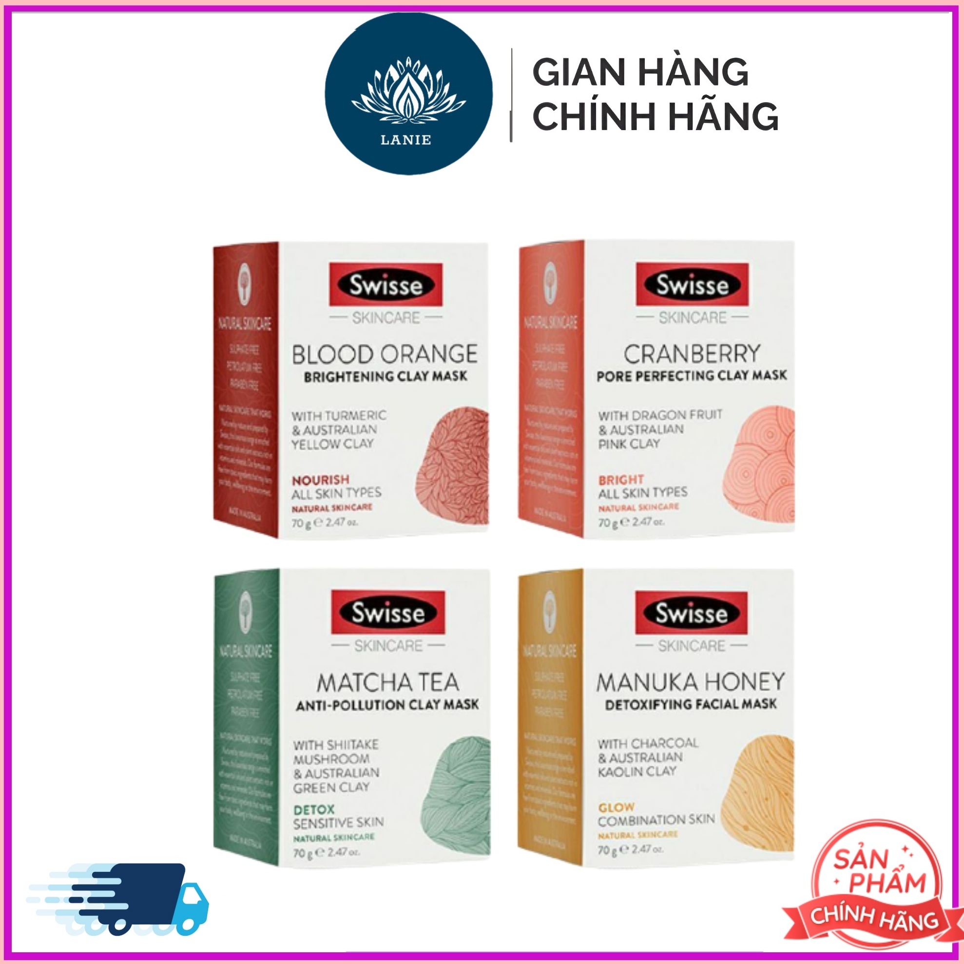 Mặt nạ đất sét Swisse Úc Clay Mask Manuka Honey/ Matcha / Blood Orange/ Hyaluronic 70g