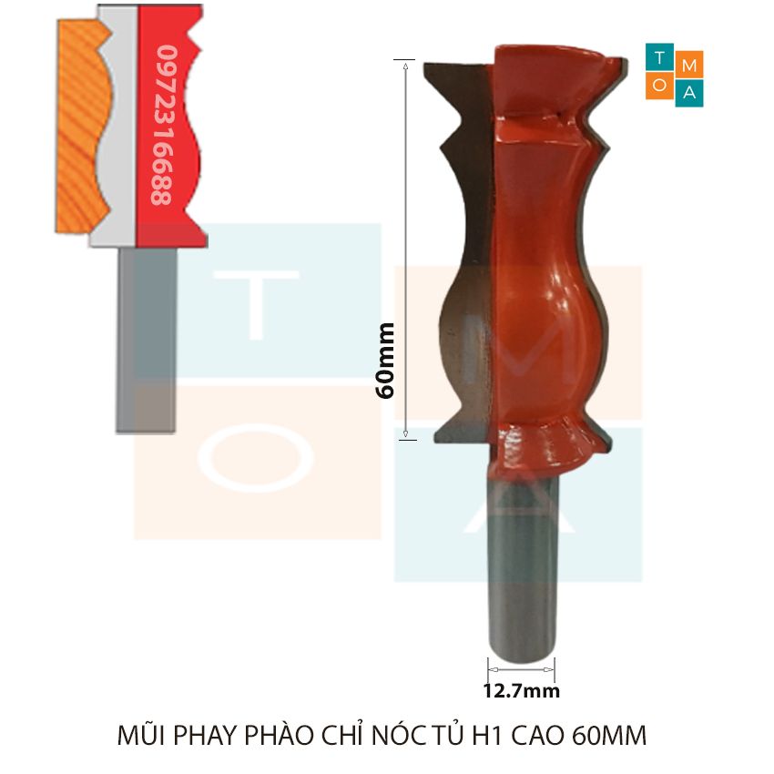 Mũi soi gỗ - mũi phay gỗ đánh chỉ phào nóc h1 cao 60mm cốt 12.7mm - hàng việt nam chất lượng cao