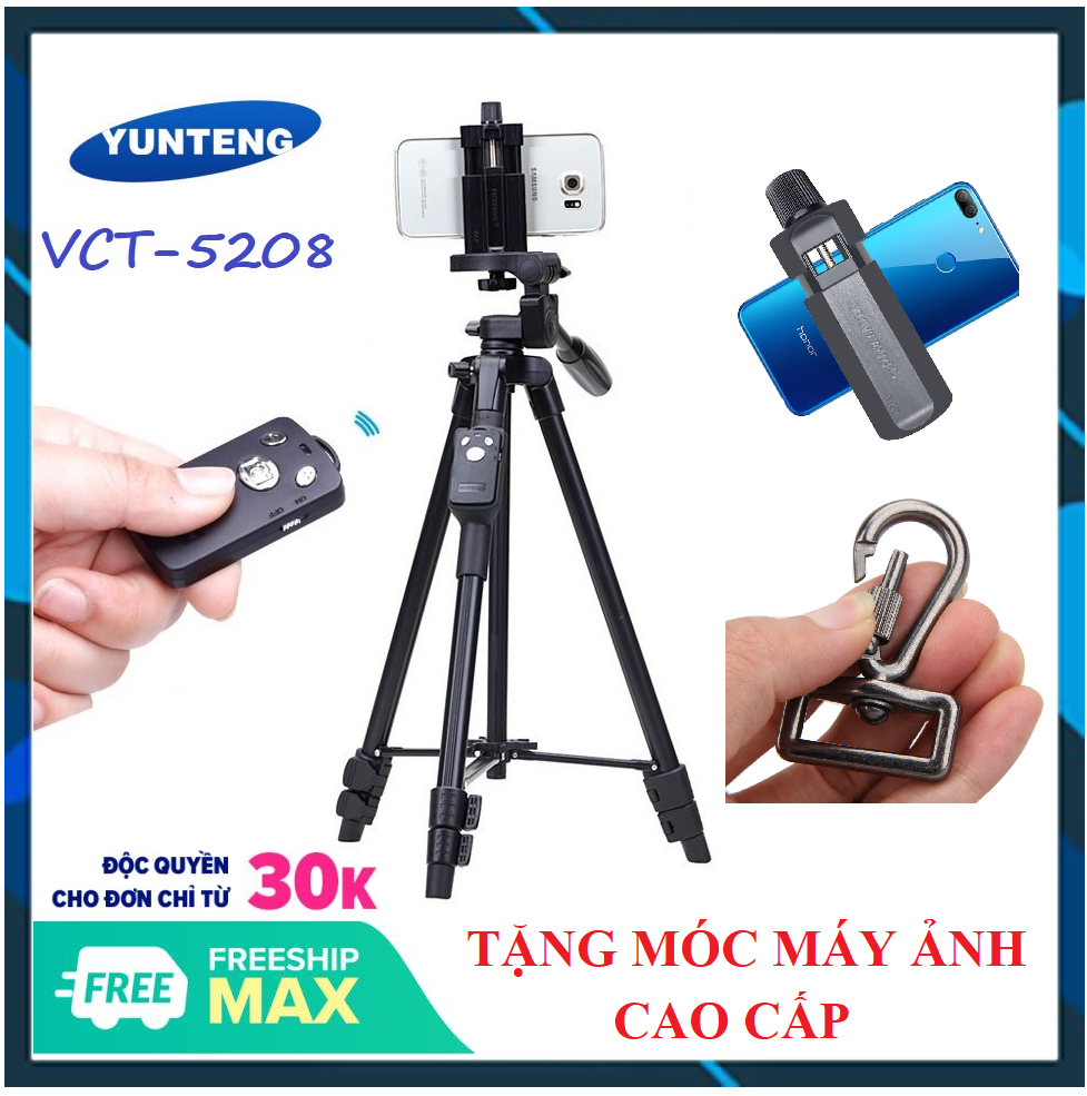 ⚡⚡ [HOT SALE] TRIPOD - Chân đế Bluetooth cho điện thoại máy ảnh Yunteng VCT5208RM - TẶNG KÈM 1 REMOTE + 1 GIÁ KẸP ĐIỆN THOẠI YUNTENG + MÓC MÁY ẢNH FUNO