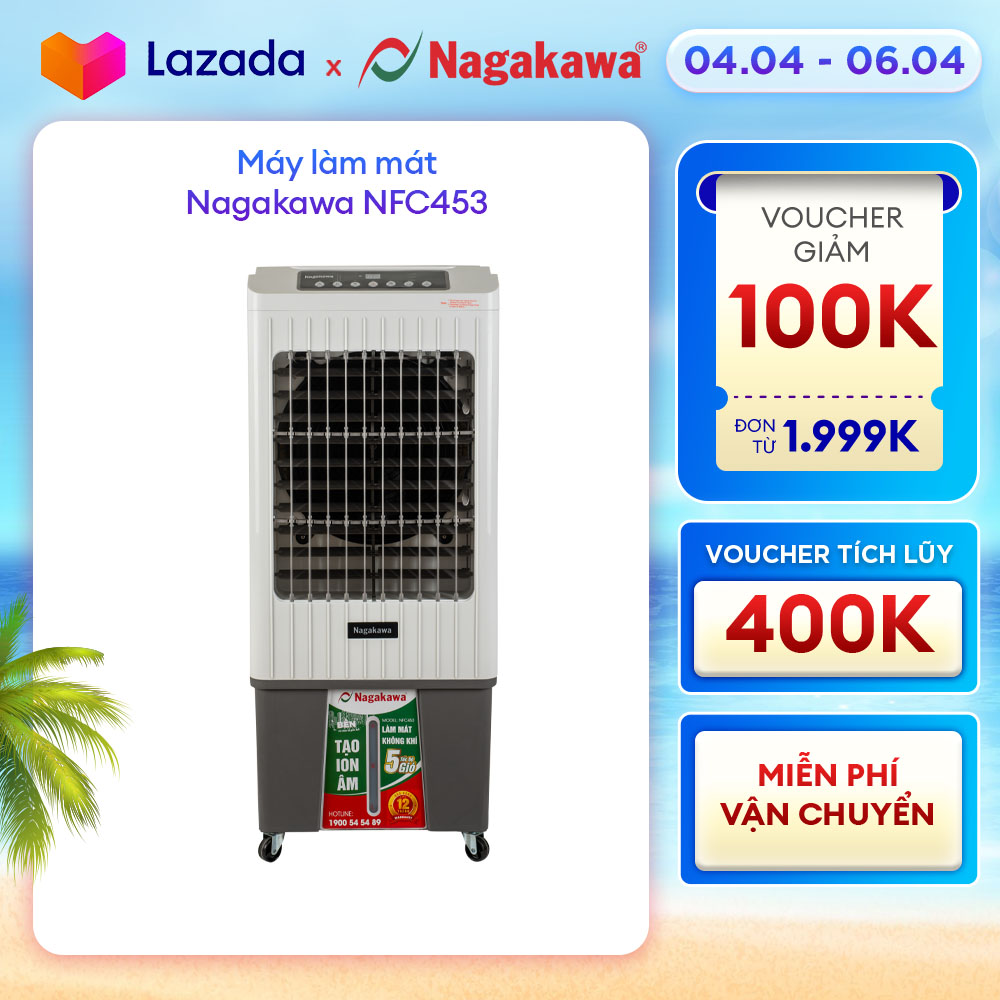 Máy làm mát Nagakawa NFC453, công suất 110W, dung tích bình chứa 40L, 5 tốc độ gió linh hoạt, đảo gió đa chiều, có điều khiển từ xa, cảnh báo thiếu nước