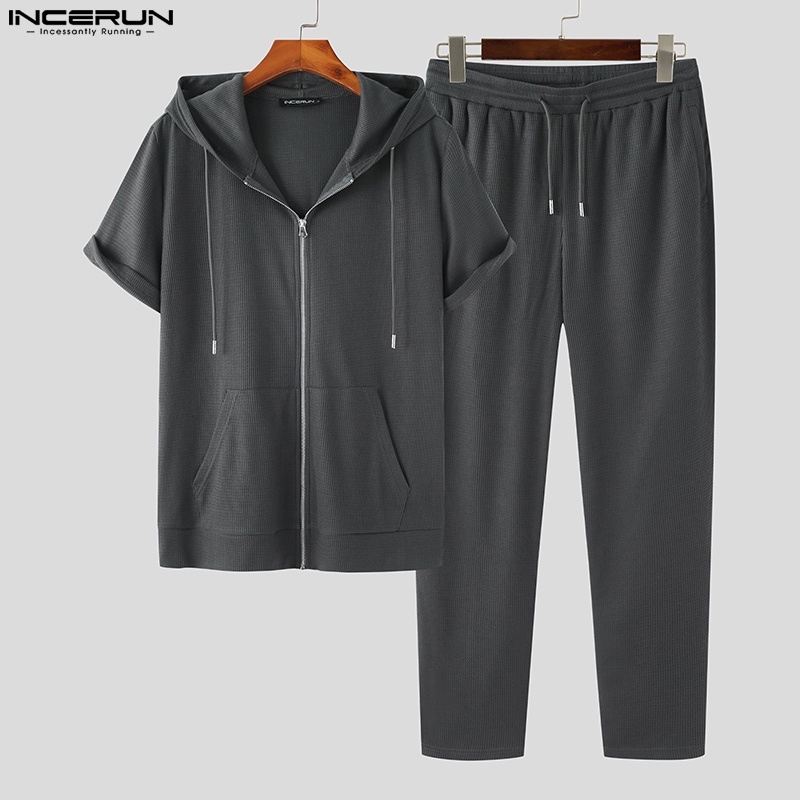 Set đồ INCERUN gồm áo hoodie tay ngắn có khóa kéo quần dài co giãn phong