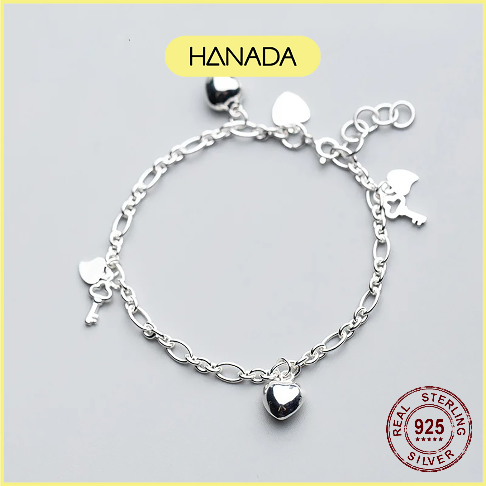 Lắc tay bạc 925 hanada basic charm khóa và trái tim 0251