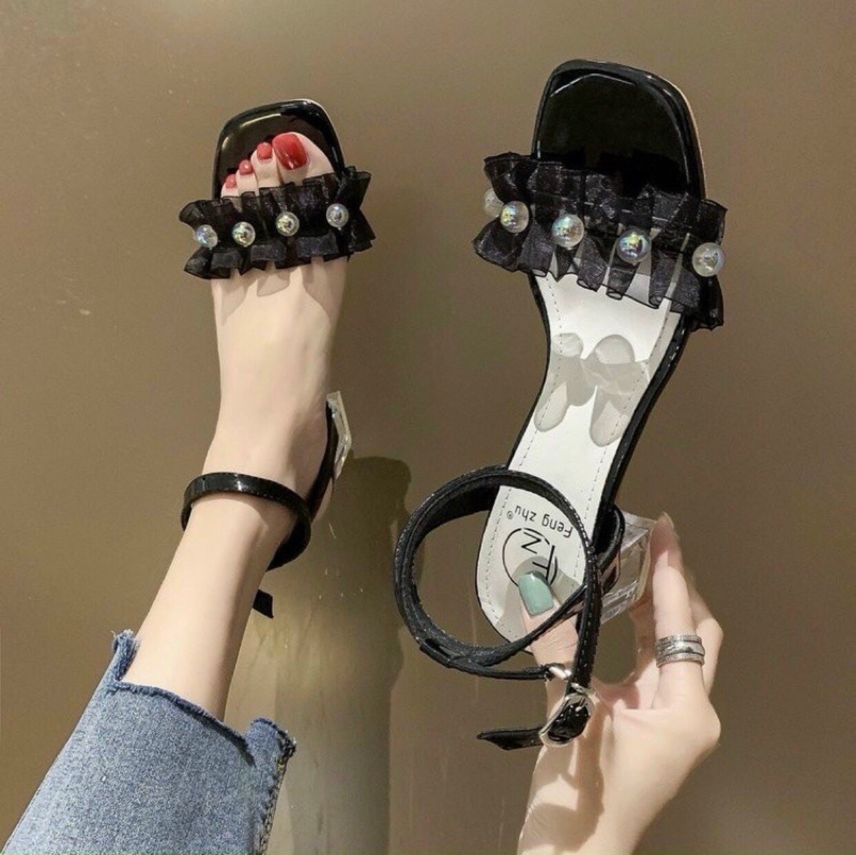 Sandal cao gót quai nhún beo dây ngọc gót trong cao 5cm