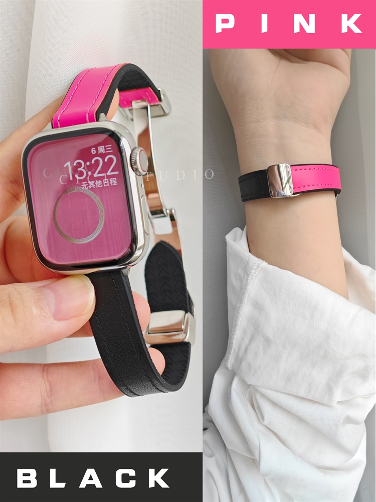 Iwatch S9 Watch With Genuine Leather Magnetic Folding Buckle Fine Silver Buckle Color Matching Strap S8765 Autumn And Winter Soft 【OCT】