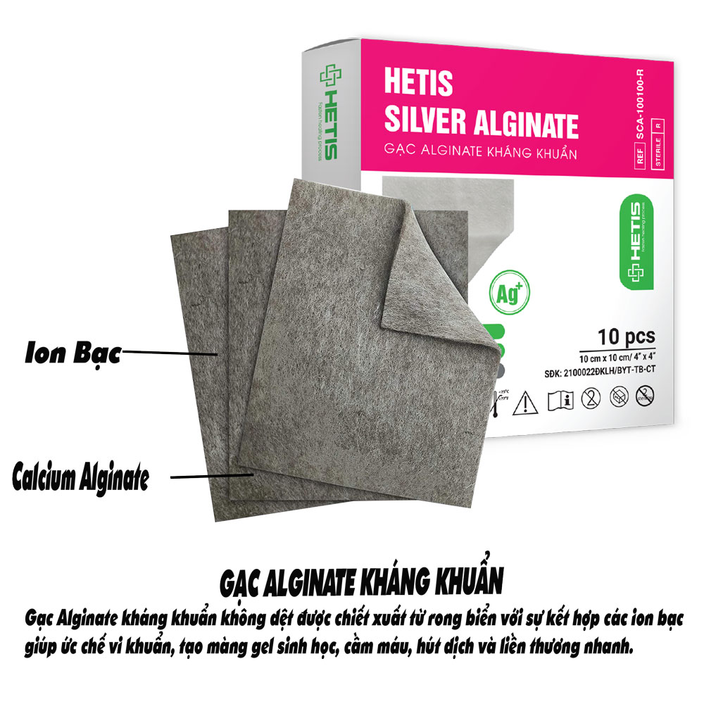 [Size 10x10cm] Gạc Alginate kháng khuẩn HETIS SILVER ALGINATE vô trùng kháng khuẩn cầm máu thấm hút dịch chiết xuất rong biển tẩm bạc thúc đẩy liền thương nhanh