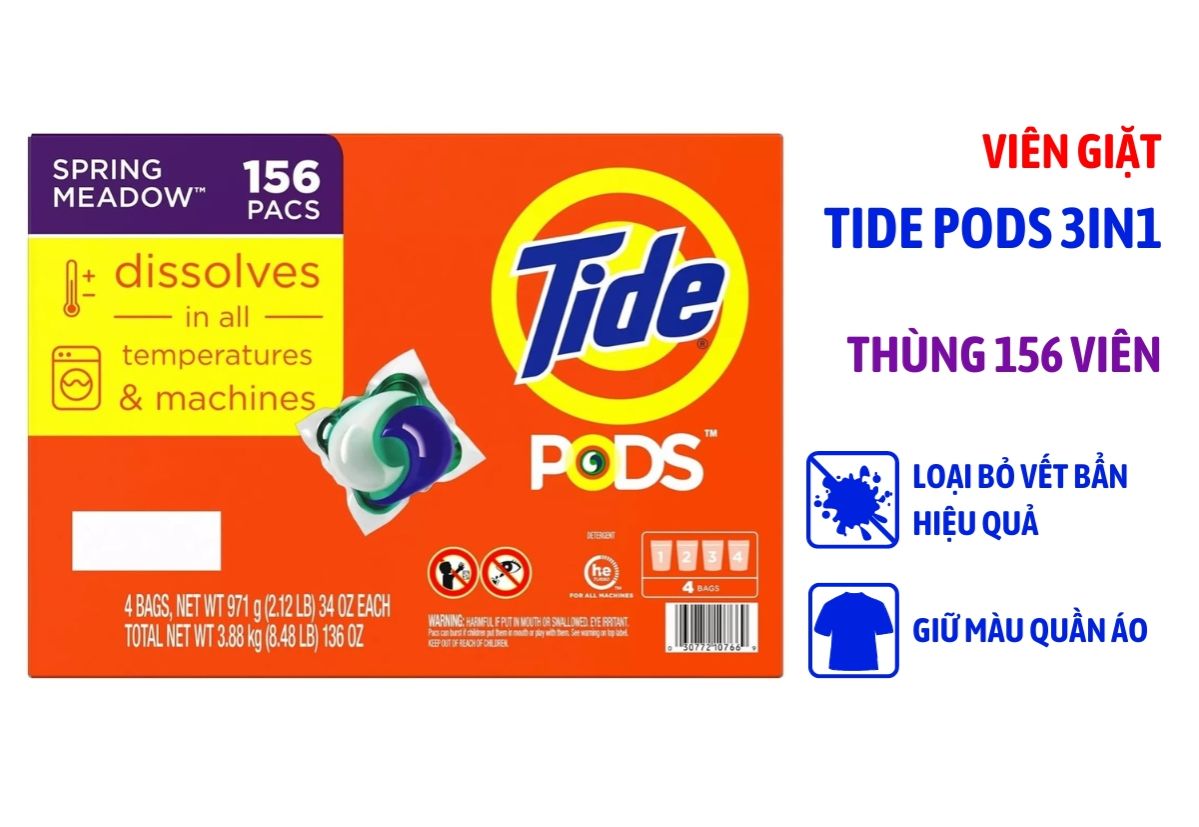 Vên giặt xả Tide Pods hương Spring Meadow dành cho máy giặt của Mỹ thùng 4 gói mỗi gói 39 viên