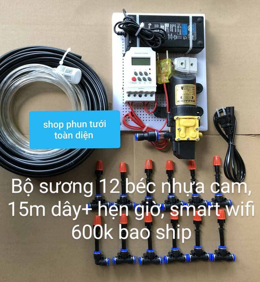 [Đã ráp sẵn] Bộ phun sương tưới lan tự động 12 20 40 béc cam (hẹn giờ, smart wifi bằng điện thoại)  tưới cây, tưới lan, làm mát mái nhà cho vườn 10 40m2