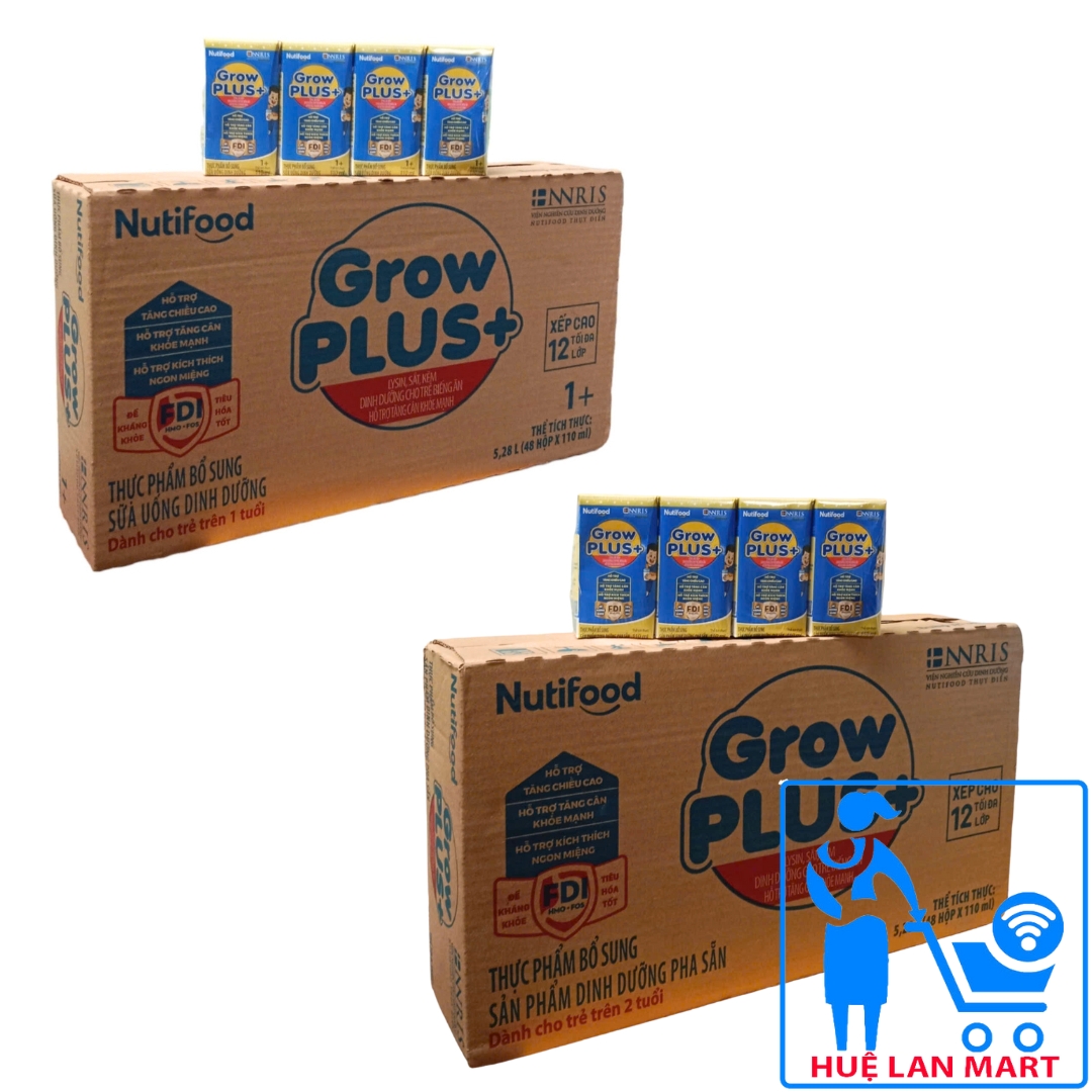 Sữa Bột Pha Sẵn Nutifood Grow Plus+ Bạc Ít Ngọt/ Xanh 1+/2+ Hương Vani Thùng 24/ 48 Hộp x 110ml (Din