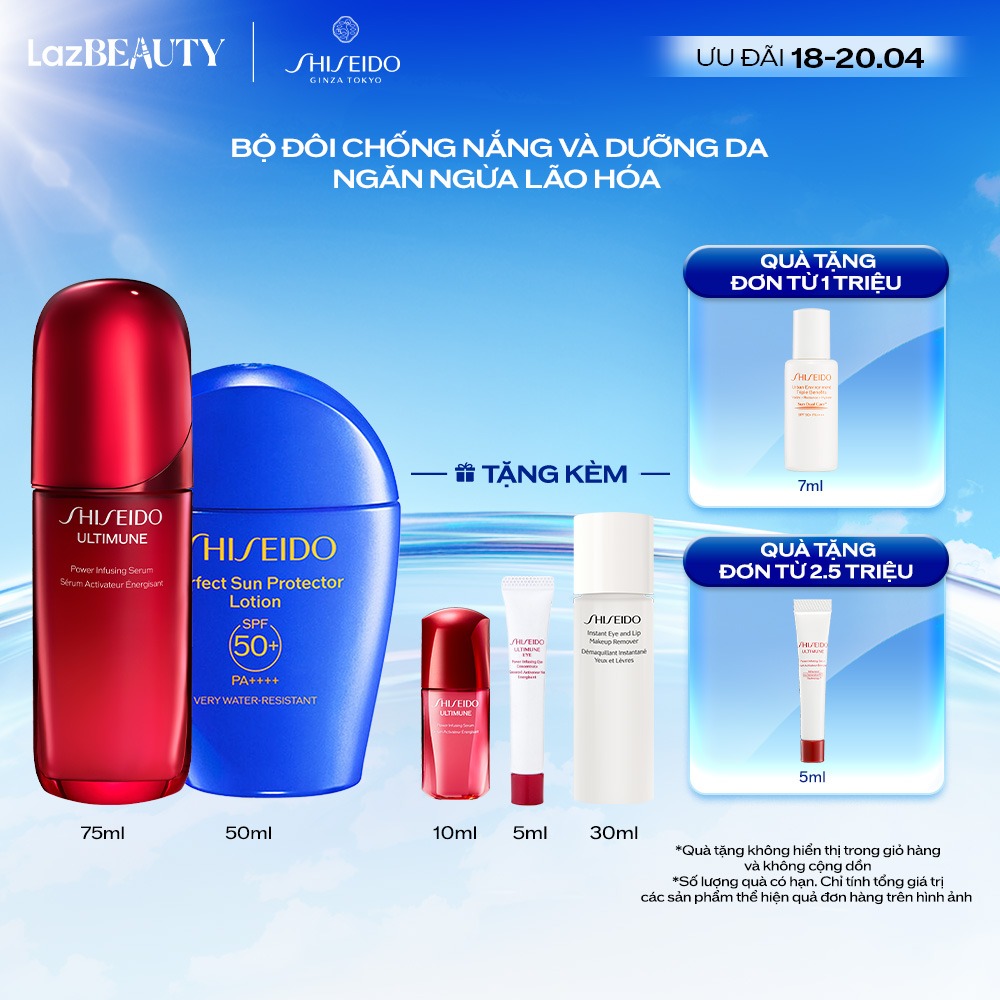 Combo Tinh chất dưỡng da Ultimune 4.0 Serum 75ml và Sữa chống nắng dưỡng da Shiseido GSC Perfect Sun Protector Lotion SPF50+ 50ml