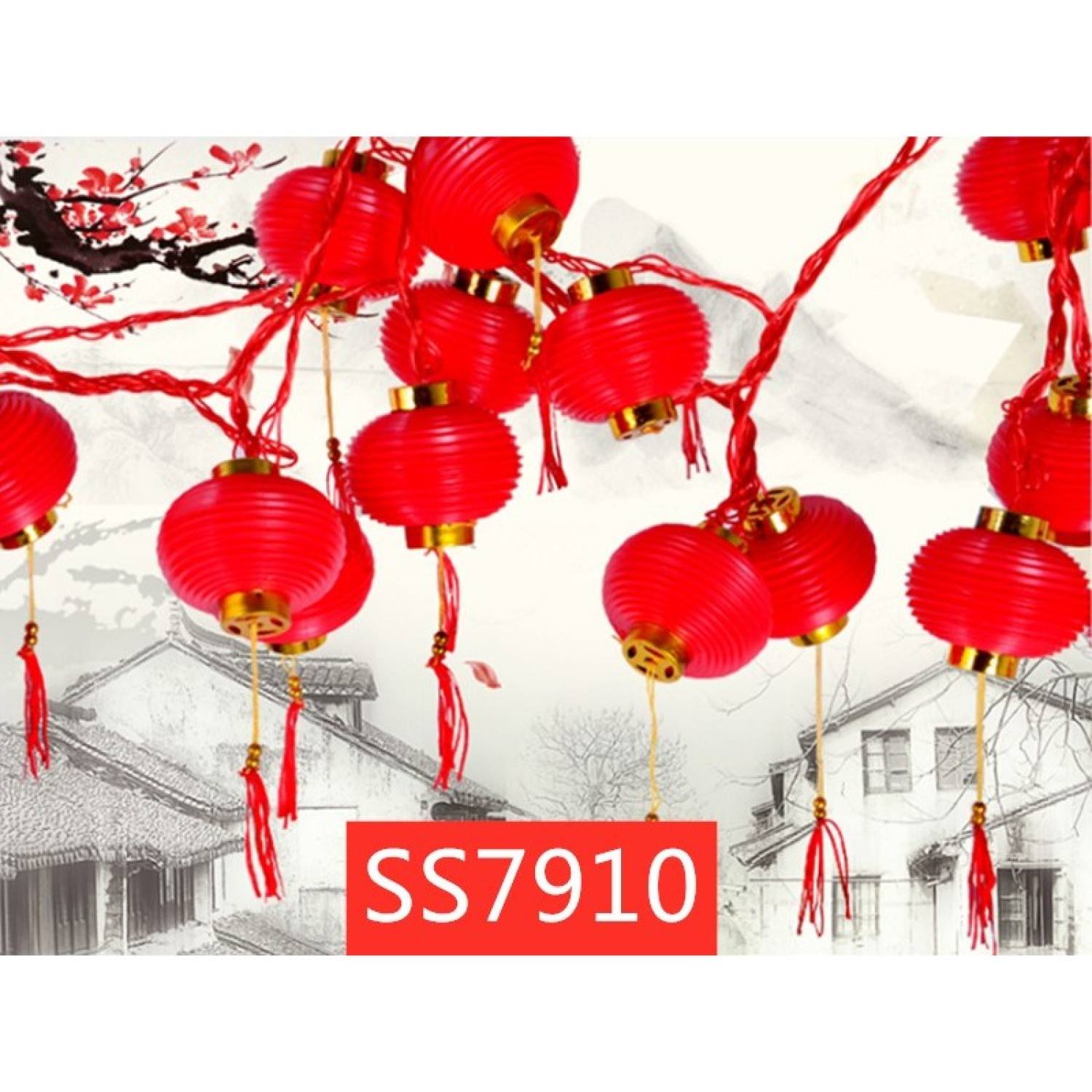 Dây lồng đèn đỏ bóng tròn 12 bóng dài 5m - lồng đèn trang trí màu đỏ tròn đường kính lồng đèn 7cm có râu
