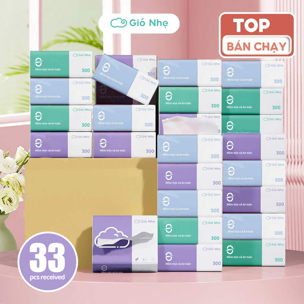 Thùng 33 gói giấy ăn rút Gió Nhẹ 3 màu cao cấp 4 lớp dày dặn, mềm mịn