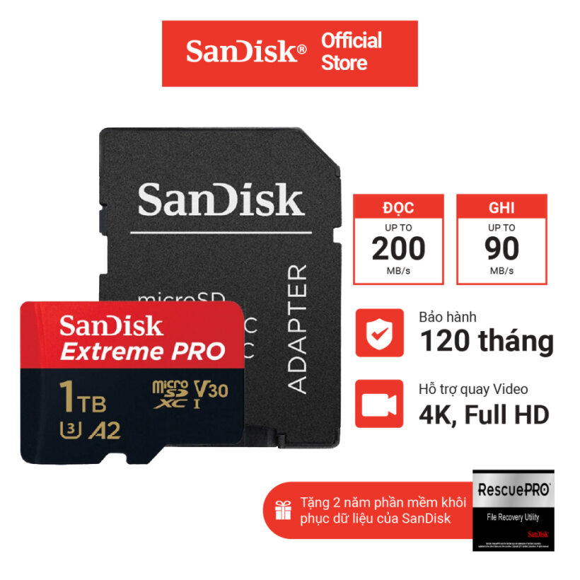 Thẻ nhớ microsdxc sandisk extreme pro v30 a2 512gb - 1tb 200mb/s