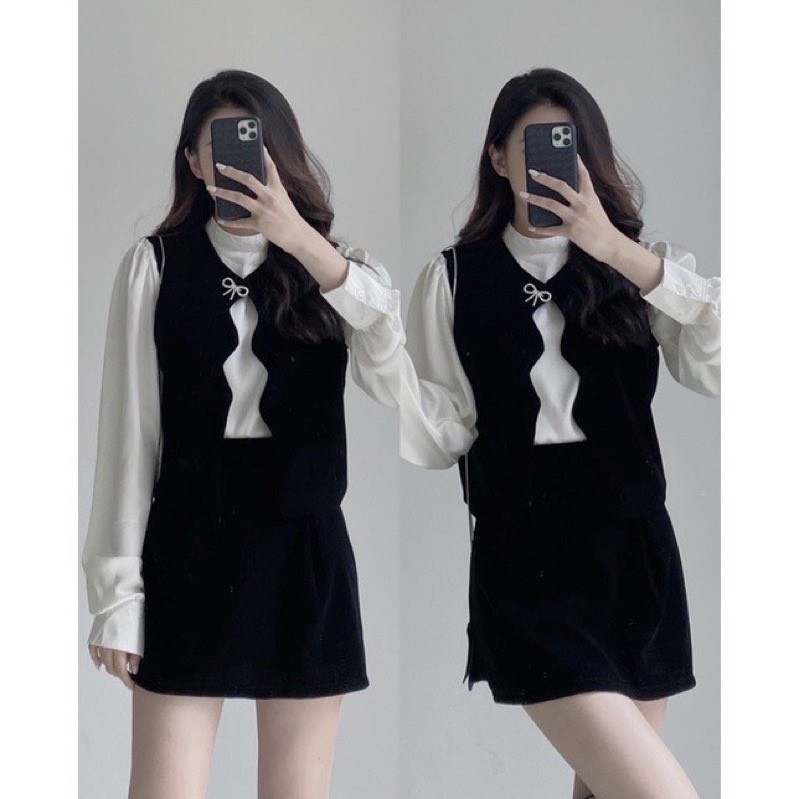Set 3 món áo sơ mi mix ghile và chân váy nhung - 247StoreFashion