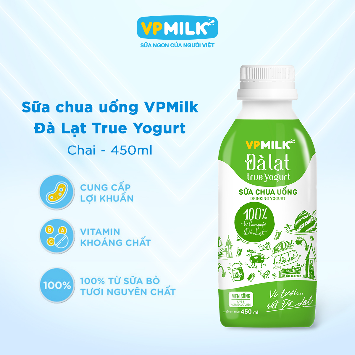[VẬN CHUYỂN HỎA TỐC HCM] Sữa Chua Uống VPMilk Đà Lạt True Yogurt chai 450ml