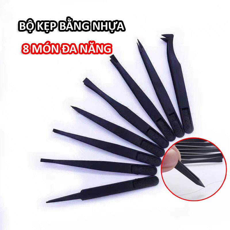 Bộ 8 nhíp nhựa tĩnh điện đầu thẳng và cong dùng gắp linh kiện, gắp mí, màu đen, sử dụng trong phòng thí nghiệm