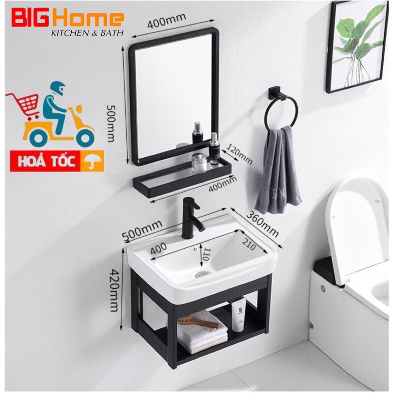 Bộ 4 món tủ nhôm sơn tĩnh điện đen chậu lavabo kệ gương gương có thợ lắp