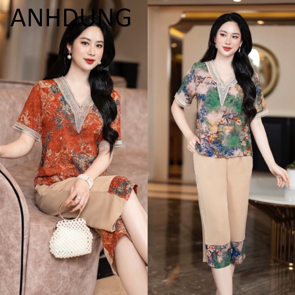 Bộ Trung Niên Phối Ren cổ tim tay cộc quần lửng phối sang trọng cho Mẹ