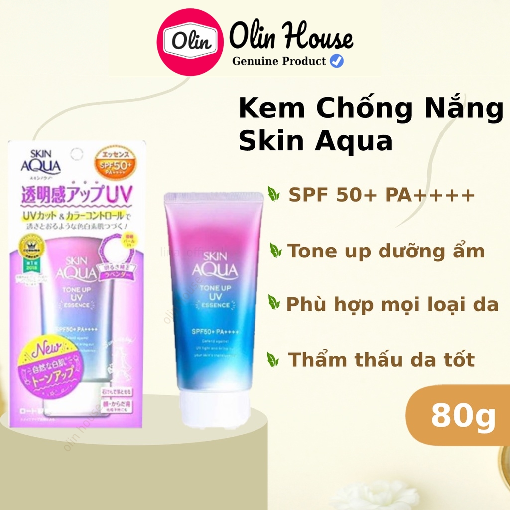 Kem Chống Nắng Skin Aqua 80g Nhật Bản Tone Up UV Essence SPF50+ PA++++ KCN Skin Aqua dưỡng sáng da - Olin House
