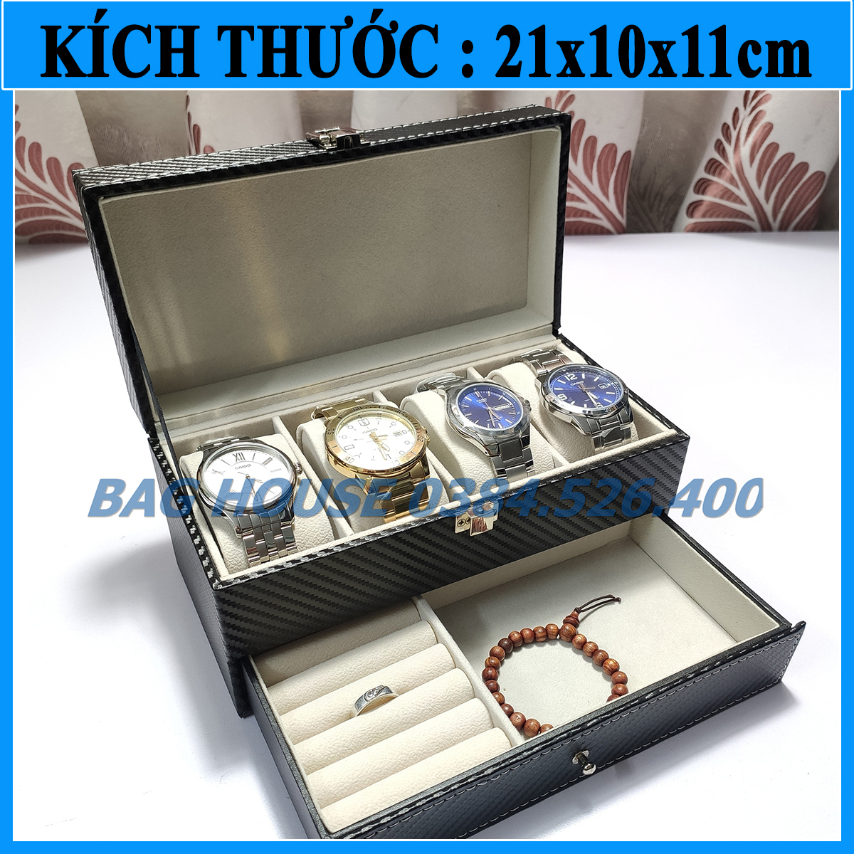 Hộp đựng 4 đồng hồ và trang sức 2 tầng, hộp đựng đồng hồ cao cấp, hộp đựng trang sức, hộp đựng được đồng hồ và trang sức