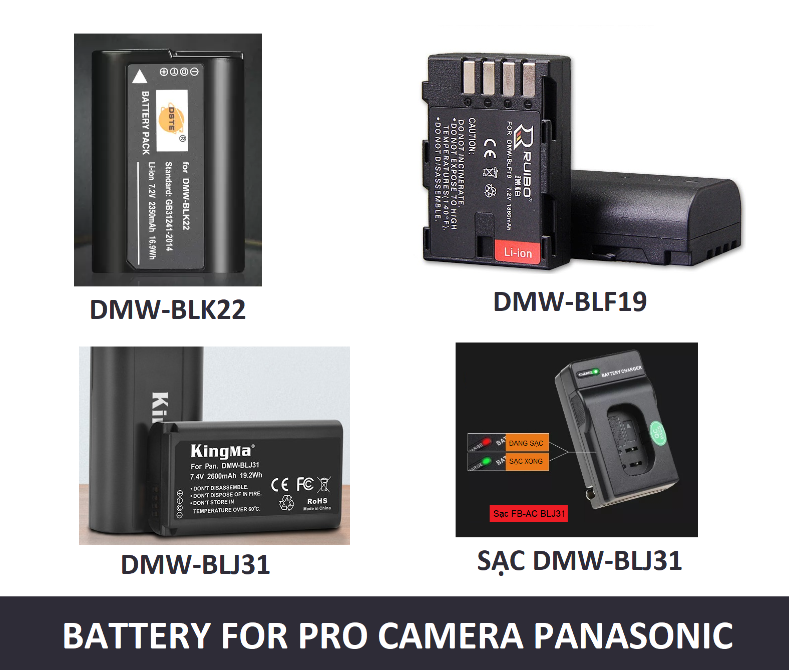 Pin, sạc thay thế chính hãng dùng cho máy ảnh panasonic lumix gh3-5,dc- s1, s5: ruibo dmw-bcf19, dste dmw-blk22 & kingma dmw-blj31