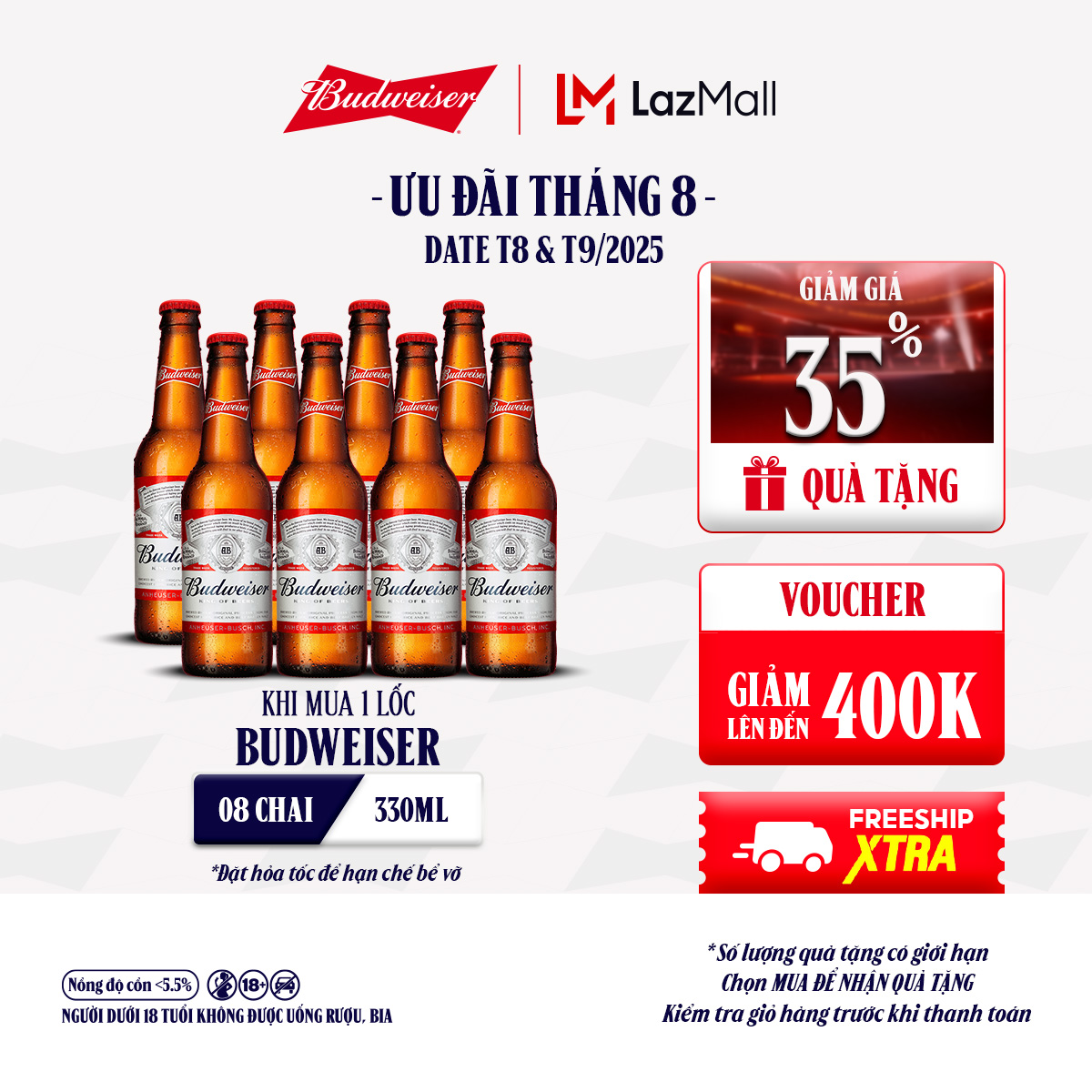 Lốc 8 Chai Bia Budweiser Chính Hãng (330ml/chai) [Date 8 - 9.2025]