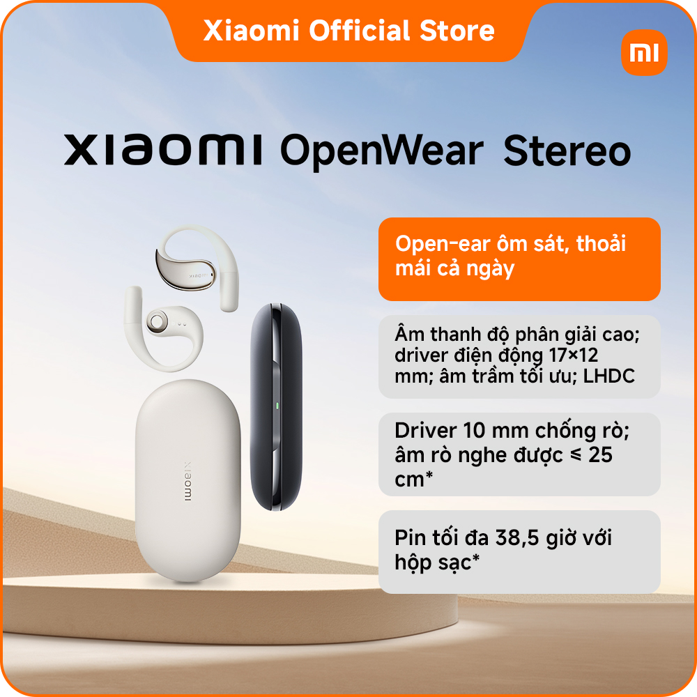 Xiaomi OpenWear Stereo | Thiết kế open-ear (đeo ngoài) vừa vặn ôm sát để thoải mái suốt ngày dài | Âm thanh có độ phân giải cao với driver điện động và hiệu suất âm trầm tối ưu | LHDC Driver giảm rò rỉ âm thanh 10 mm