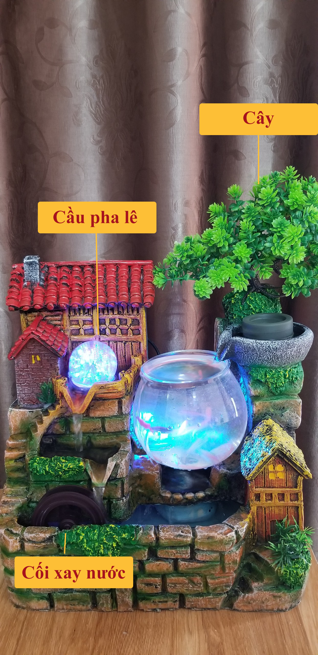 Thác nước phong thuỷ tiểu cảnh bể cá phong thủy để bàn mini tặng kèm máy bơm, quả cầu pha lê