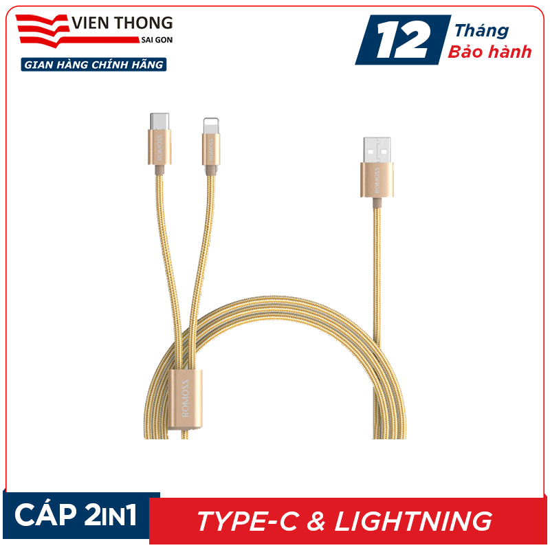 Cáp sạc nhanh romoss cb21a 2in1 usb to lightning / type c dài 1.5m