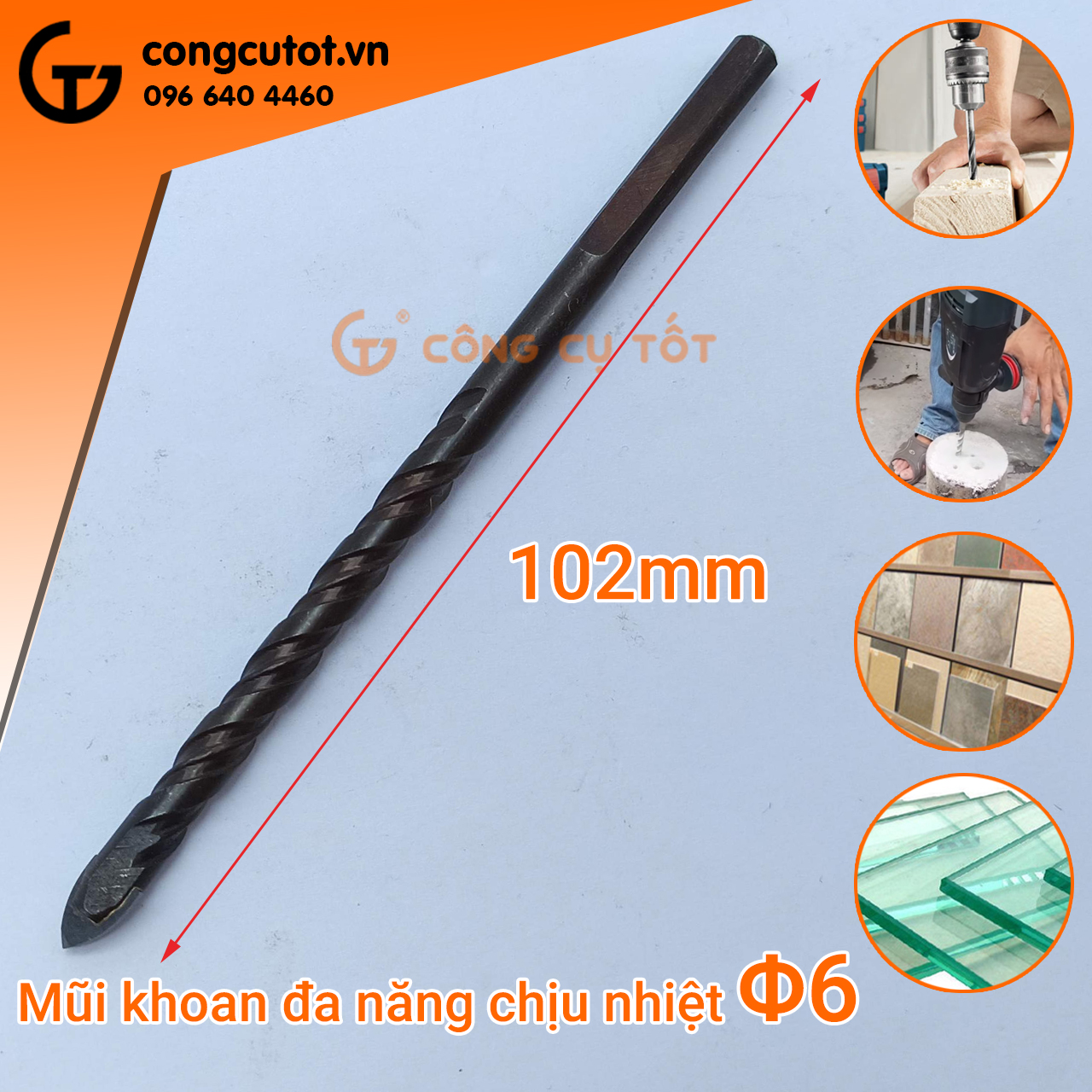 Mũi khoan đa năng 2 cạnh chịu nhiệt khoan kính, gạch, bê tông, đá... chuôi vát 3 cạnh
