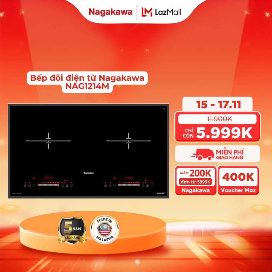 Bếp điện từ đôi Nagakawa NAG1214M inverter, công suất cực đại 2400W, điều khiển cảm ứng, 9 tính năng kèm theo - bảo hành 5 năm - hàng chính hãng