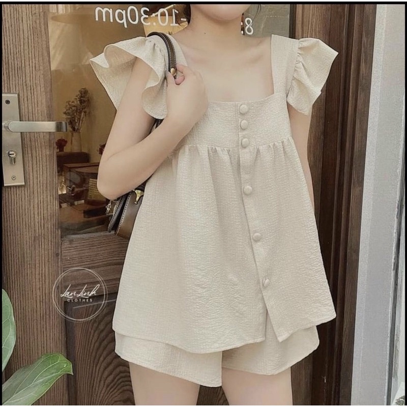 Set áo 2 dây babydoll bản to cánh tiên kèm quần short váy cạp chun