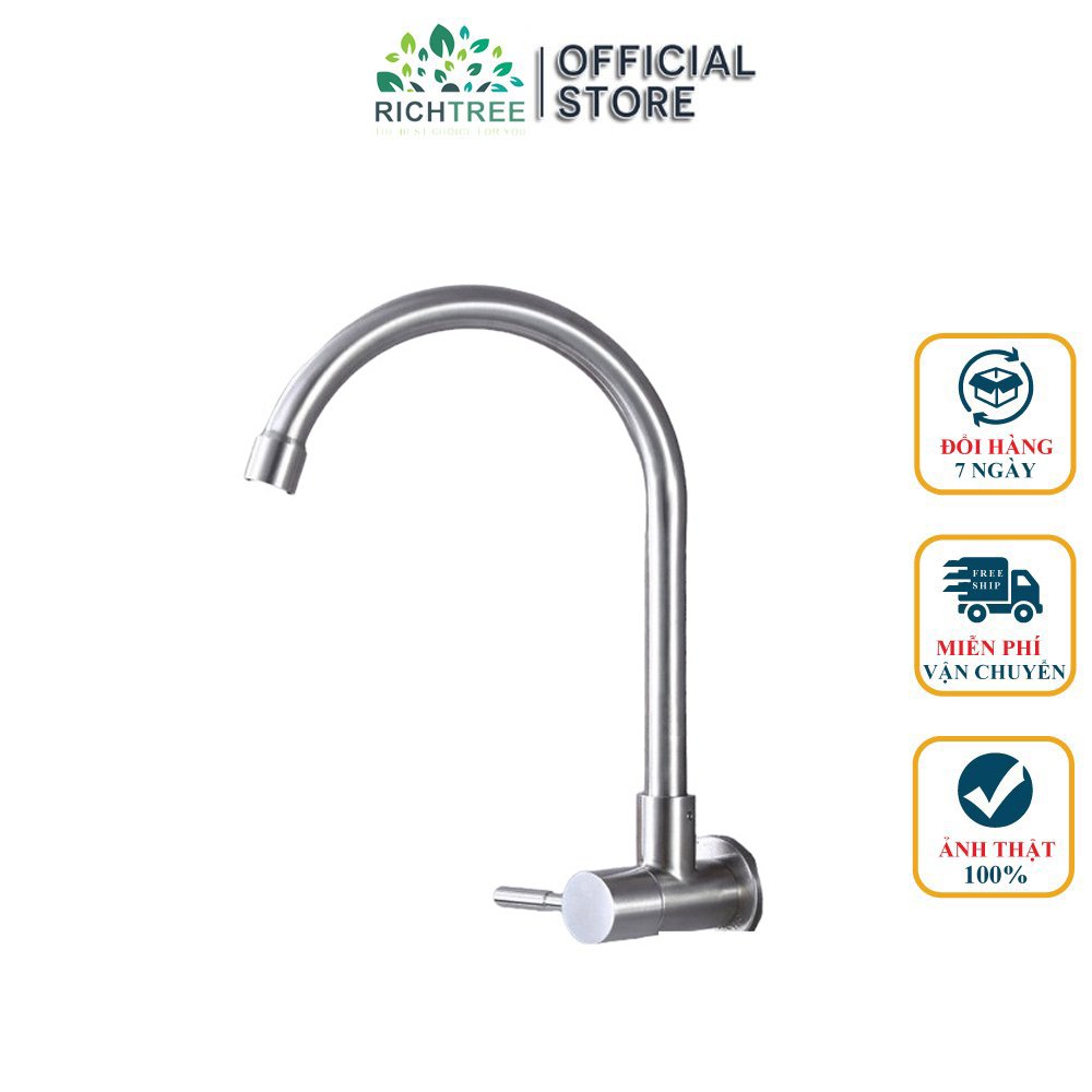 Vòi rửa chén lạnh FUSHI gắn tường Inox SUS 304 RICHTREE RT210 -Dáng tròn cần vòi xoay 360 độ - Kích thước vòi 26x18 cm - Bảo hành 02 năm toàn quốc (Màu Trắng bạc)
