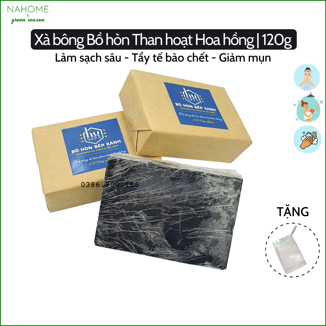 Xà phòng Bồ hòn Than Hoạt Hoa Hồng làm sạch sâu, se khít lỗ chân lông, giảm mụn, phù hợp da dầu, mùi tinh dầu sả chanh, dạng bánh 120gr - Xà bông Bồ hòn bếp xanh dùng rửa mặt và tắm, an toàn tuyệt đối Nahome