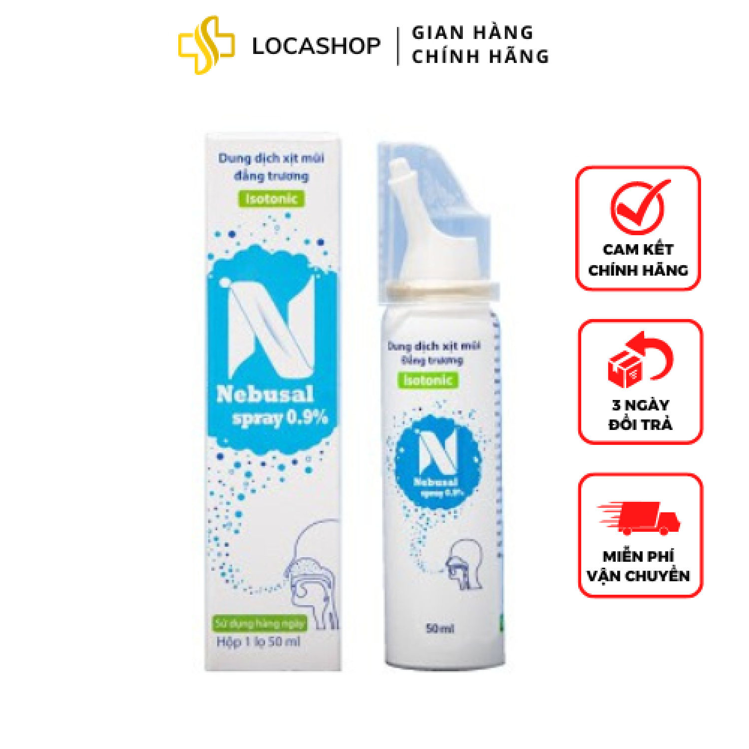 Xịt mũi nebusal spray 0.9% - vệ sinh làm sạch mũi hằng ngày lọ 50ml locashop