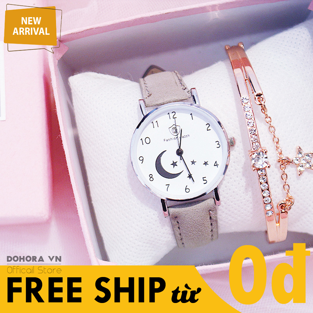 Đồng Hồ Thời Trang Nam Nữ Fashion Watch FW102, Mặt Tròn Chạy 3 Kim, Họa Tiết Trăng Sao Siêu Dễ Thương, Dây Da Nhung Cực Đẹp, Phong Cách Hàn Quốc ( Bảo Hành 6 Tháng)