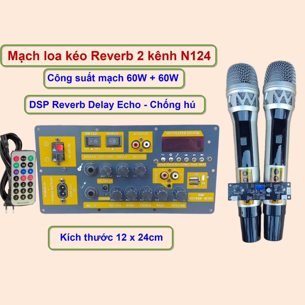 Mạch loa kéo Reverb N124 2 kênh riêng biệt 2 IC HY8110B 60W + 60W kèm micro