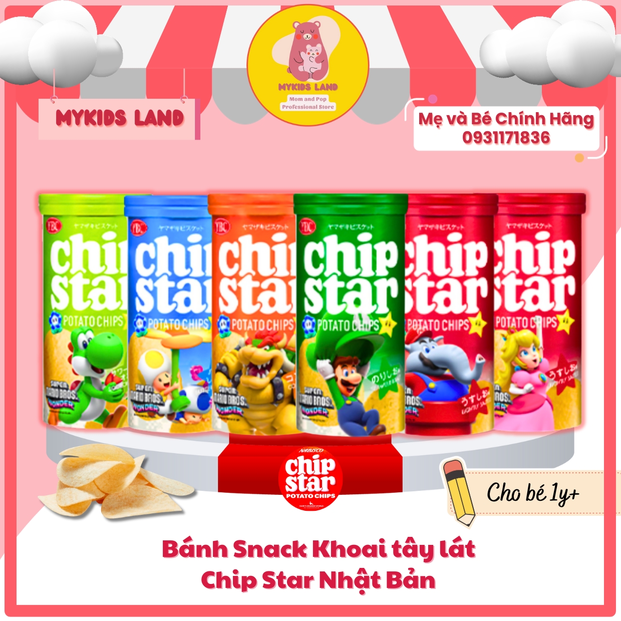 Bánh Snack Khoai tây lát Chip Star Nhật Bản cho bé Rong Biển Xanh - Muối Đỏ - Bơ Cam hộp 50g Chipstar