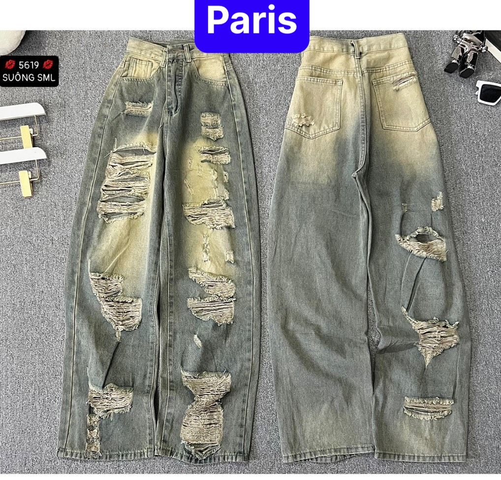  QUẦN JEAN NỮ BAGGY ỐNG SUÔNG RỘNG RÁCH TẢ TƠI XƠ MƯỚP LƯNG CAO NÂNG MÔNG PHONG CÁCH SANG CHẢNH 2024 -DB 5619- PARIS FASHION 