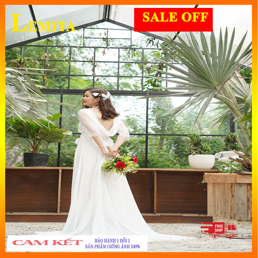 ĐẦM DẠ HỘI TRẮNG ĐUÔI DÀI TAY REN LƯNG ĐỔ, ĐẦM MAXI DỰ TIỆC, MAXI CHỤP ẢNH CƯỚI DH5344004 LEMITA