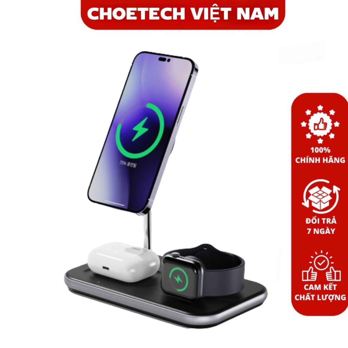 Bộ đế sạc magsafe 3 in 1 choetech t589-f có chứng nhận mfi sạc cho iphone, airpods và apple watch