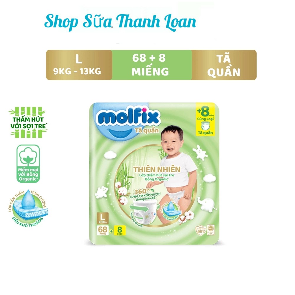 Tã/bỉm quần molfix thiên nhiên ultra l - gói 68+6 miếng.