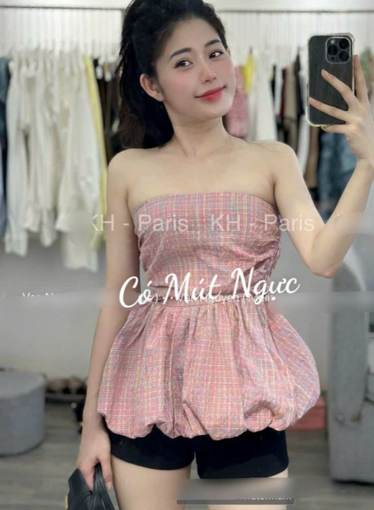 Áo ống xòe xếp ly kiểu dáng peplum ôm caro l2948984
