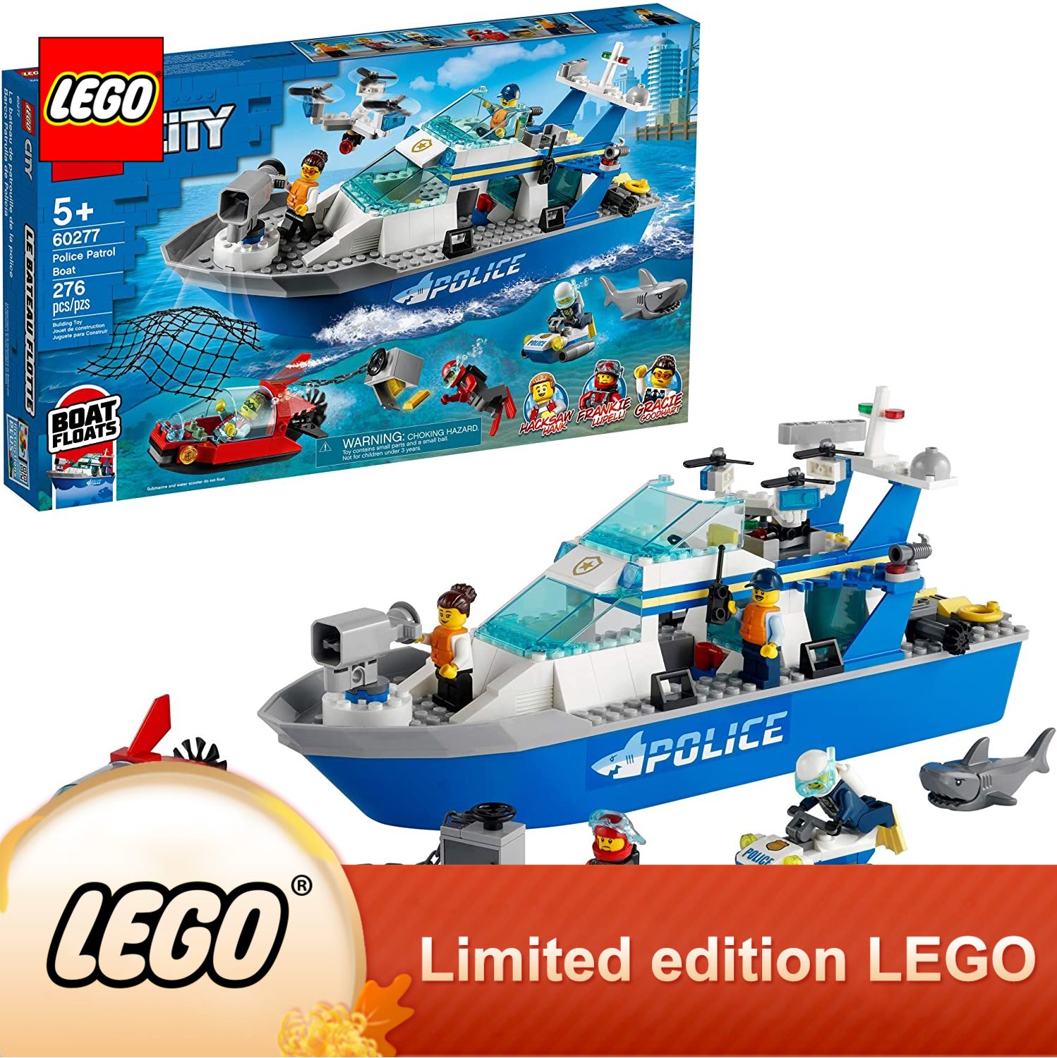 Phiên bản giới hạn Bộ xếp hình Lego City Police Patrol Boat 60277; đồ chơi cảnh sát trẻ em thú vị, mới vào năm 2021