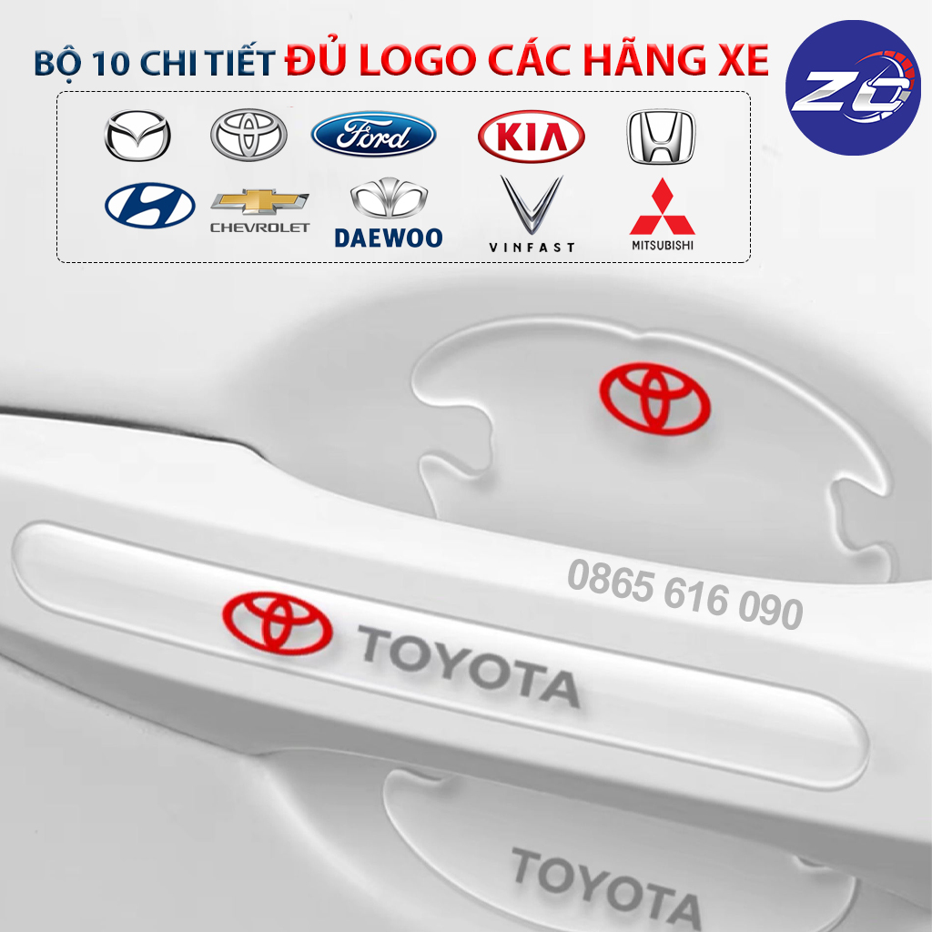 Combo 4-6-10 bộ miếng dán chống xước hõm cửa tay xe silicon,tấm dán ốp lõm tay nắm logo Toyota, Hyundai, Honda, Ford, Kia, Chevrolet, Mitsubishi, Mazda, Nissan, Vinfast miếng dán cửa xe, ốp lõm tay nắm in logo