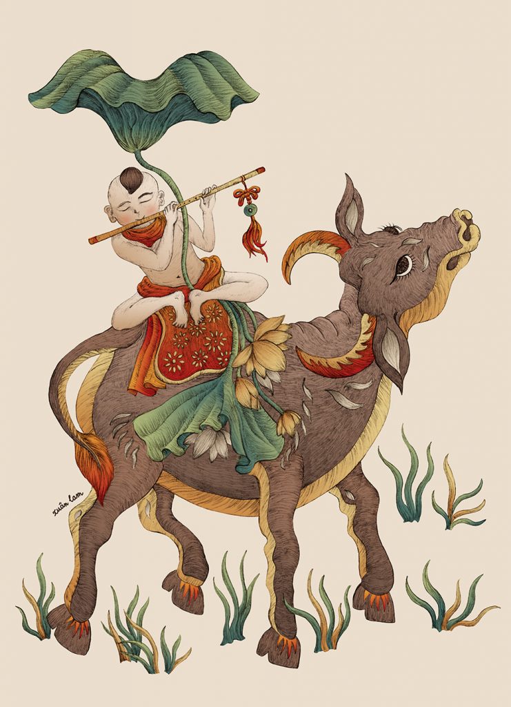 tranh đông hồ đương đại thổi sáo chăn trâu kèm khung