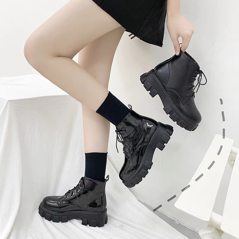 Giày bốt nữ cao cổ T90 chất liệu da cao cấp buộc dây đế răng cưa 5cm boots martin phong cách ulzzang hàn quốc hot 2023