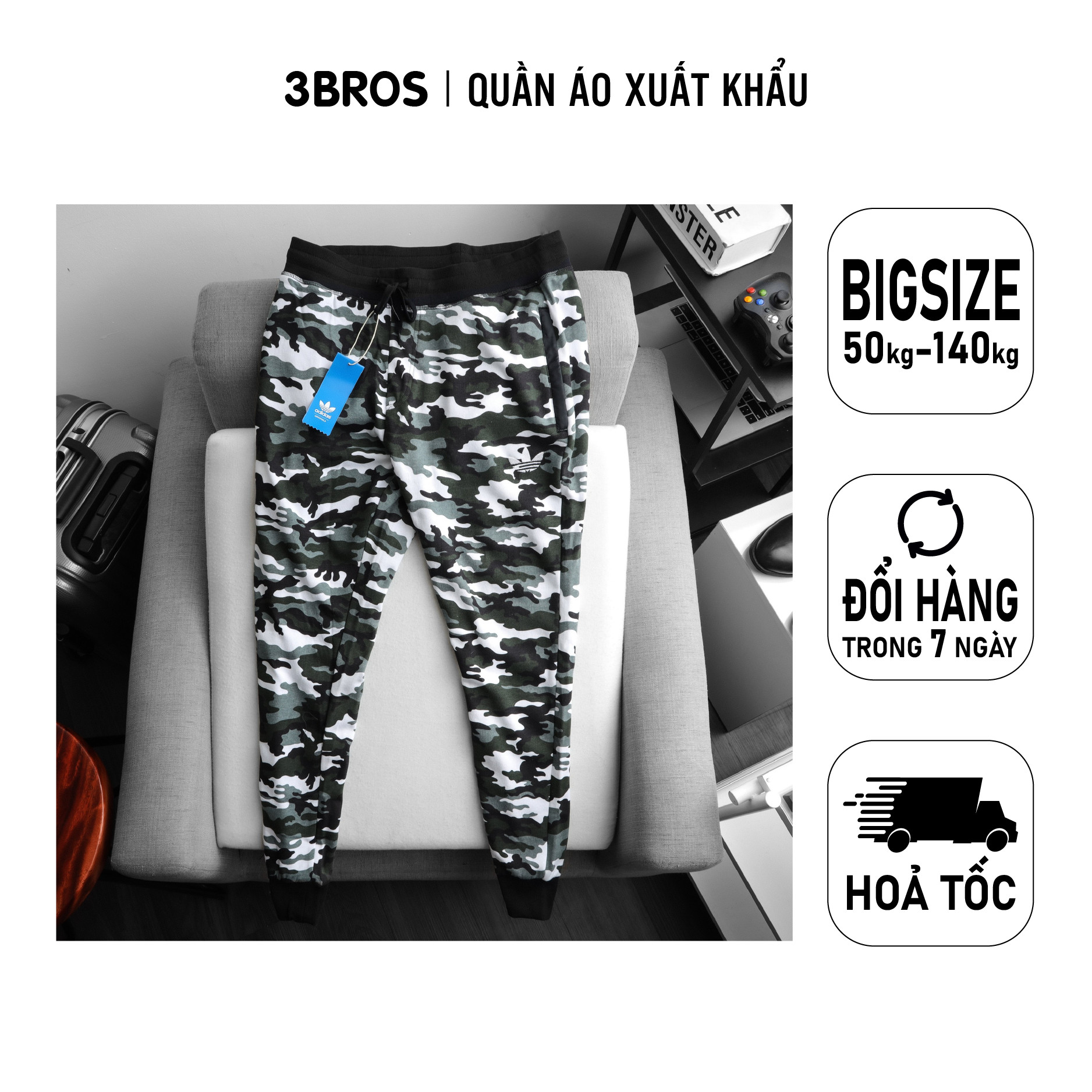 Quần jogger lính xuất dư giá rẻ chất vải da cá cotton form suông bigsize 90kg - 3bros