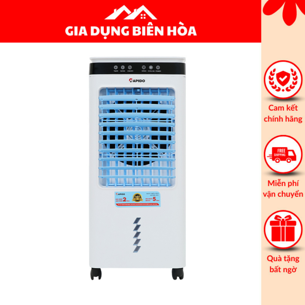 Quạt điều hòa hơi nước  Rapido 6000D-Bình nước:45 lít-Phạm vi làm mát:Phòng 20-25m2 Công suất:80W-Điều khiển:Có remote đi kèm Cảm ứng